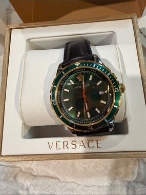 Versace Green Dial Gold-Tone Bezel Men's Watch with Black Leather Strap